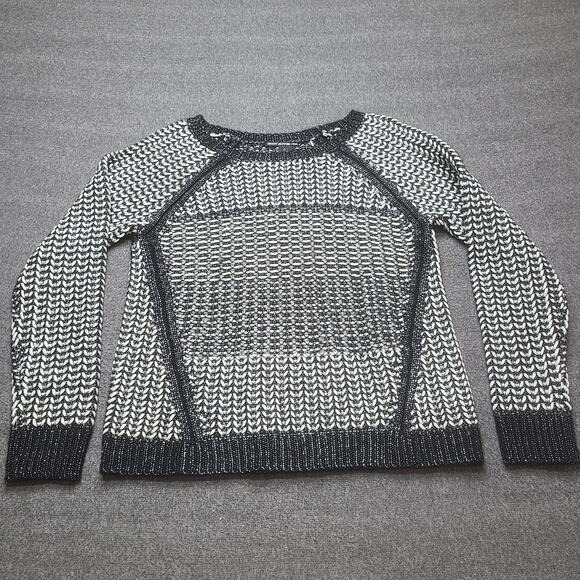 DKNY JEANS Sweater Womens Large Black White Open Knit Raglan Crewneck Pullover - Picture 1 of 8